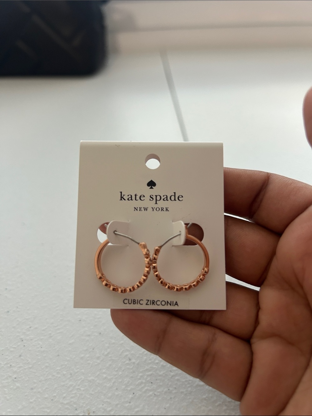 kate spade Rose Gold Hoop Earrings with Pink Cubic Stones - Picture 3 of 4